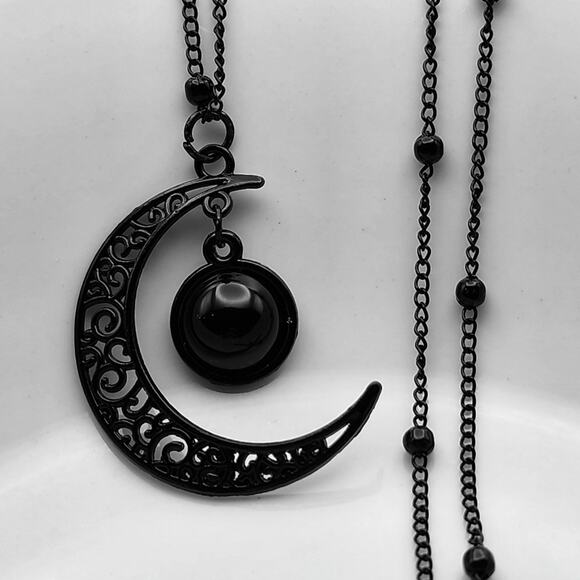 Black Crescent Moon & Orb Necklace - Picture 1 of 4